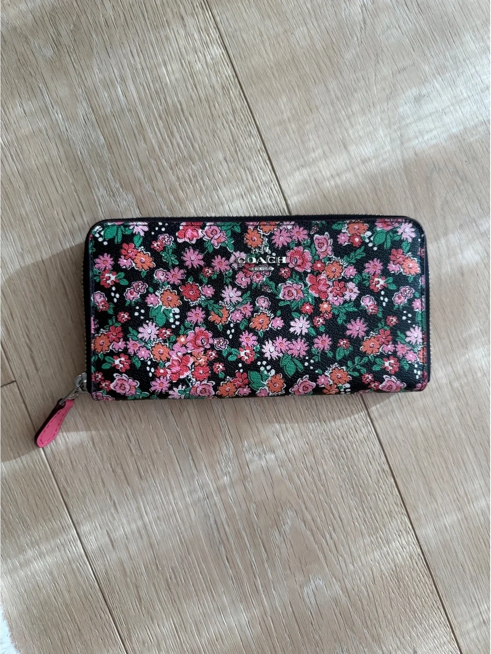 Coach Floral Print Zip Around Wallet Pink Black Leather